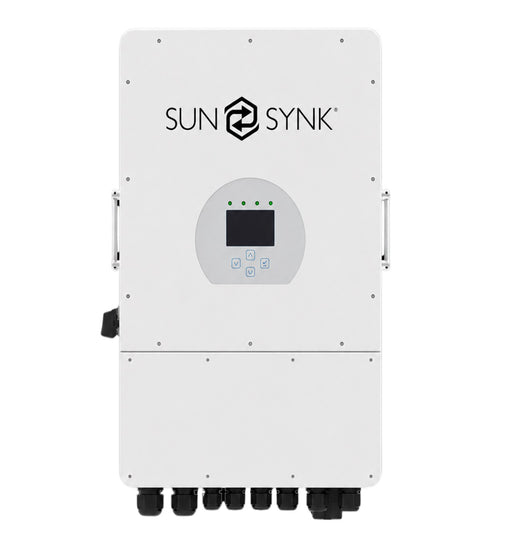 Sunsynk 12Kw LV hybrid solar inverter by MacSell Solar Outlet, single-phase unit with digital display and cooling vents.