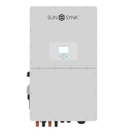 Sunsynk 16kW 48V single-phase hybrid inverter from MacSell Solar Outlet, shown with display panel and connection ports.