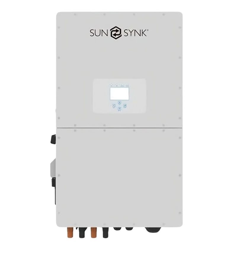 Sunsynk 16kW 48V single-phase hybrid inverter from MacSell Solar Outlet, shown with display panel and connection ports.