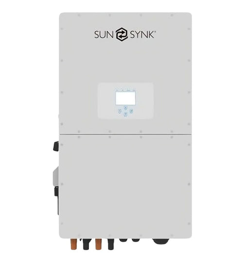 Sunsynk 16kW 48V single-phase hybrid inverter from MacSell Solar Outlet, shown with display panel and connection ports.