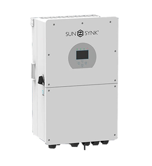 Sunsynk 16kW 48V single-phase hybrid inverter from MacSell Solar Outlet, showing the side view with multiple connection ports.