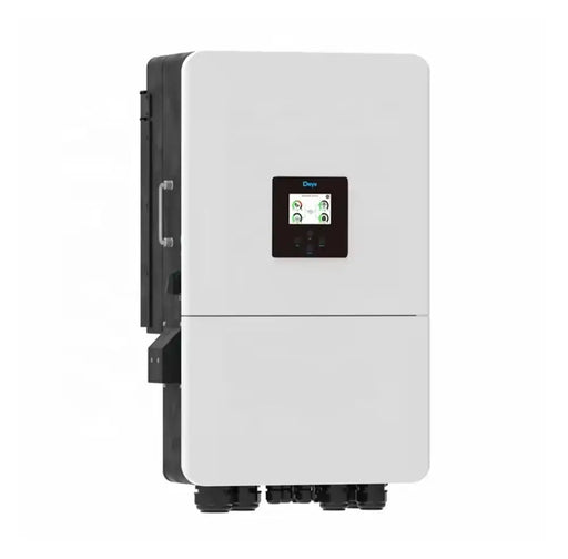Deye 8KW hybrid solar inverter model SUN-8K-SG05LP1-EU-SM2 showing front view with display and connection ports.