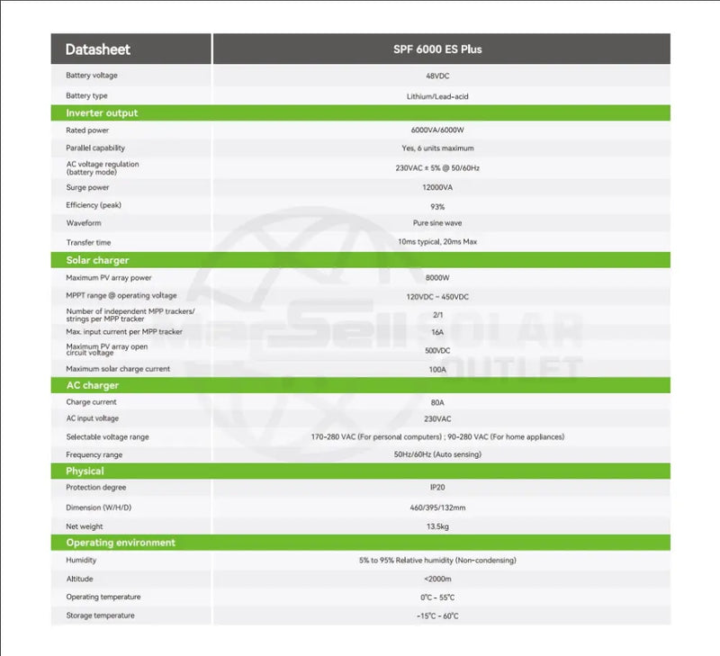 Growatt 6kW Off-Grid Solar Inverter 48VDC SPF6000ES Plus